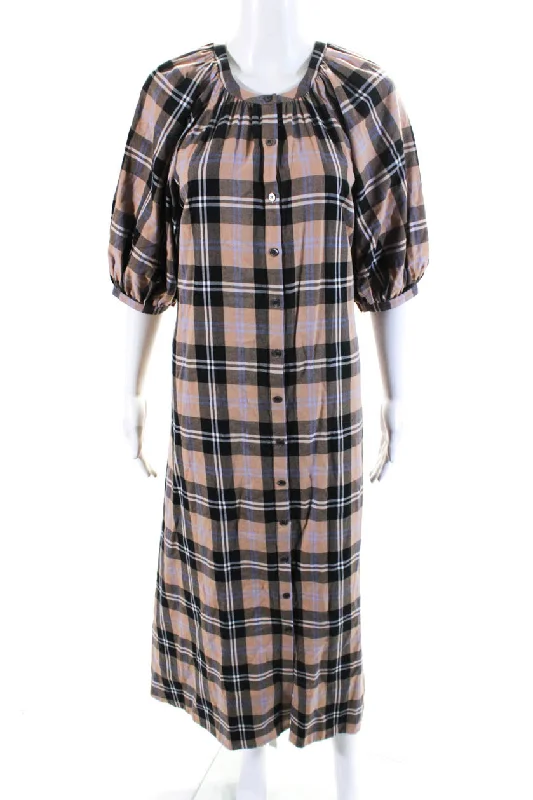 Price Cut Staud Womens Plaid 3/4 Sleeve Button Up A-Line Maxi Dress Beige Black