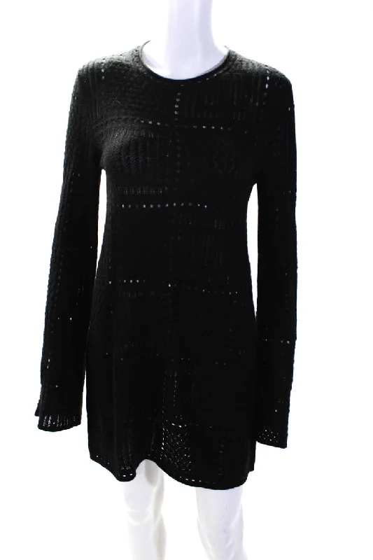 Price Drop Chloe Womens Black Wool Open Knit Crew Neck Long Sleeve Sweater Dress