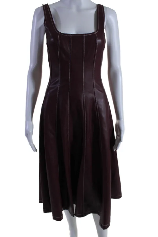 Online Only Staud Womens Back Zip Sleeveless Square Neck Faux Leather Dress Red