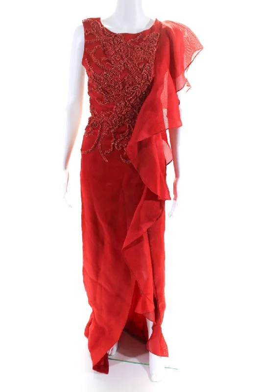 Special Buy Rafael Cennamo Couture Women's Sleeveless Embellished Ruffle Gown Red