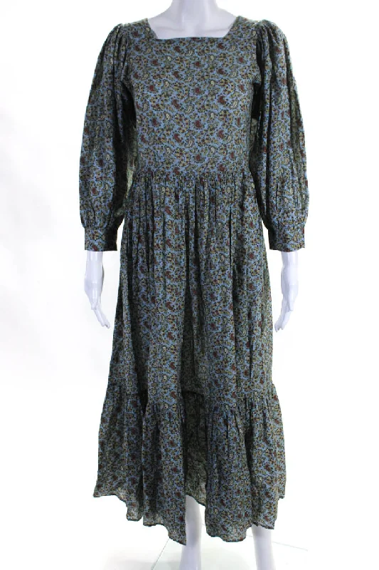 Holiday Sale Doen Womens Organic Cotton Floral Paisley Print Back Buttoned Dress Blue