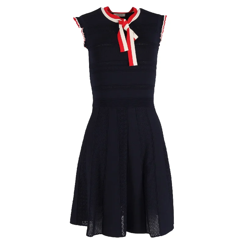 Weekend Deal Sandro Paris Mini Fidelia Knitted Stripe Detail with Ribbon Dress in Navy Blue Viscose