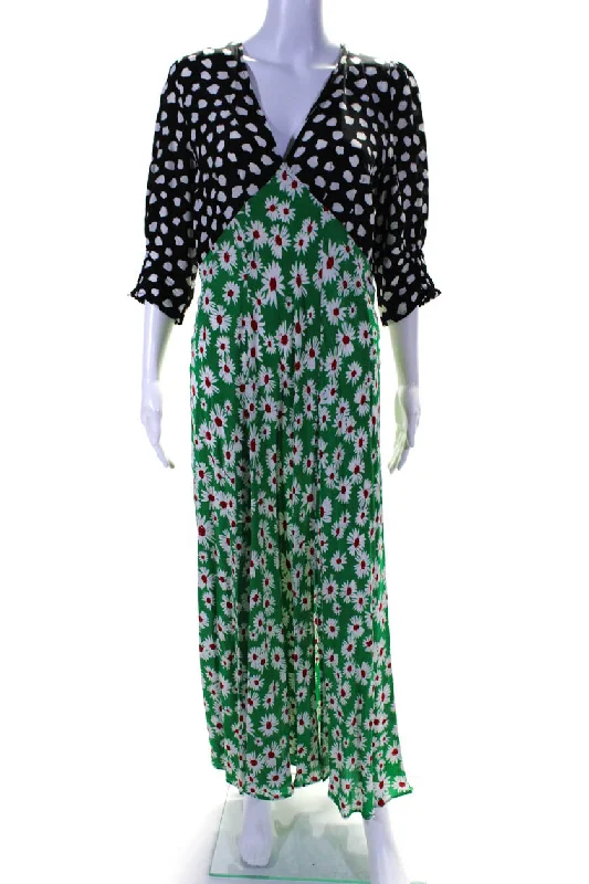 Limited Quantity Rixo Womens Silk Patchwork Floral Polka Dot Side Slit Maxi Dress Green Limited Quantity Rixo Womens Silk Patchwork Floral Polka Dot Side Slit Maxi Dress Green