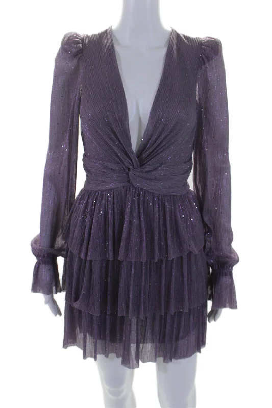 Online Only Sabina Musayev Womens Glittery Purple Pleated Belt Long Sleeve Shift Dress Online Only Sabina Musayev Womens Glittery Purple Pleated Belt Long Sleeve Shift Dress