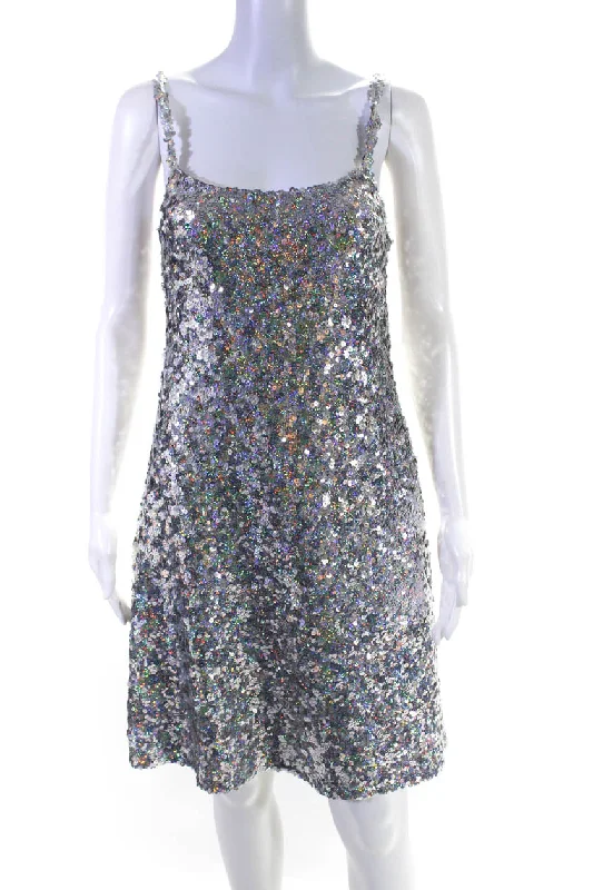 Online Only Rodarte Womens Holographic Sequin Sleeveless Mini Sheath Dress Silver