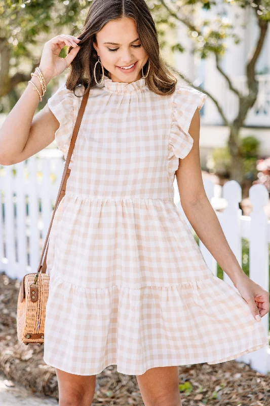 Big Discounts Best Day Ever Taupe Brown Gingham Babydoll Dress