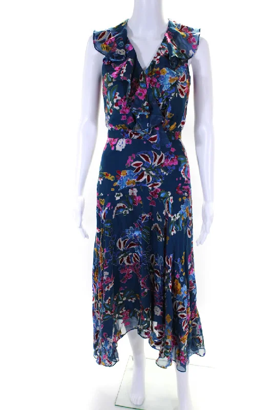 Last Chance Saloni Womens Silk Blend Floral Print Sleeveless V Neck Maxi Dress Blue