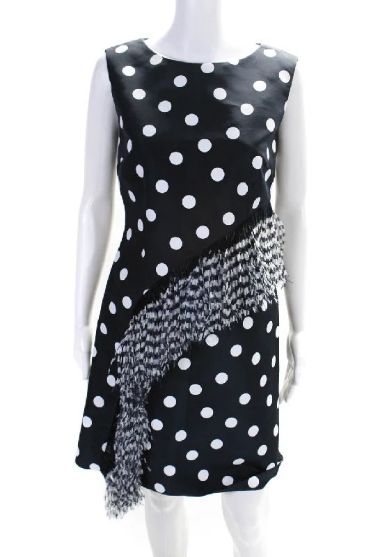 Special Offer Lee Anderson Womens Back Zip Feather Trim Polka Dot Dress Navy White
