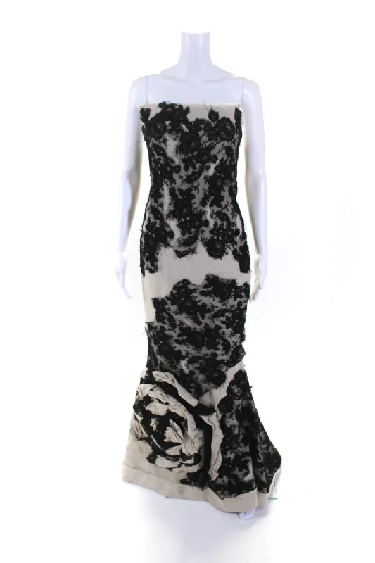 Weekend Deal Pamela Dennis Womens Back Zip Strapless Lace Trim Linen Gown Beige