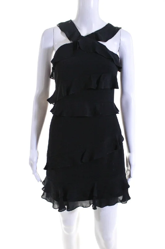 New Arrival Cushnie Et Ochs Womens Back Zip High Neck Tiered Mini Dress Black Silk