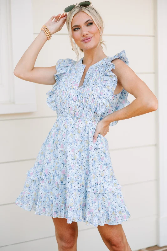 Huge Discounts Garden Party Light Blue Ditsy Floral Mini Dress