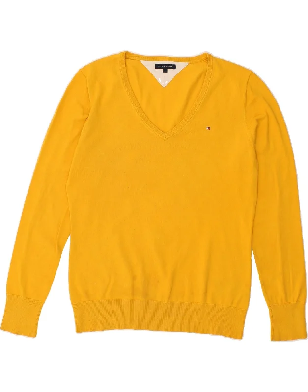 Huge Savings TOMMY HILFIGER Womens V-Neck Jumper Sweater UK 14 Large Yellow Cotton
