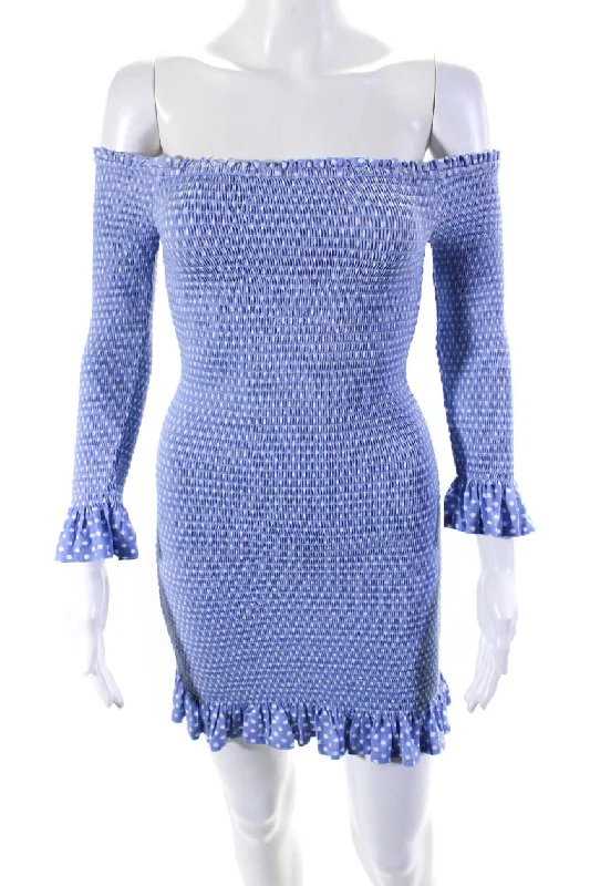 Epic Deals Caroline Constas Womens Spotted Print Long Sleeve Ruffled Mini Dress Blue