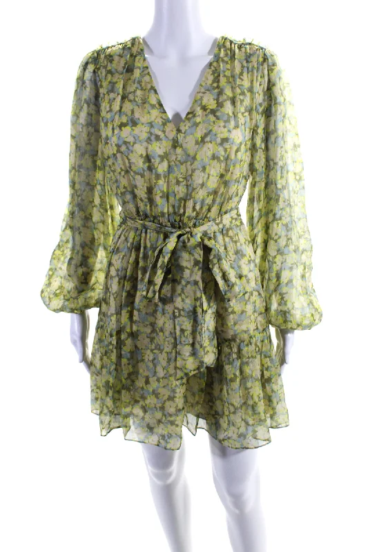 Quick Sale Tanya Taylor Womens Linen Long Sleeve V Neck Floral A Line Dress Green