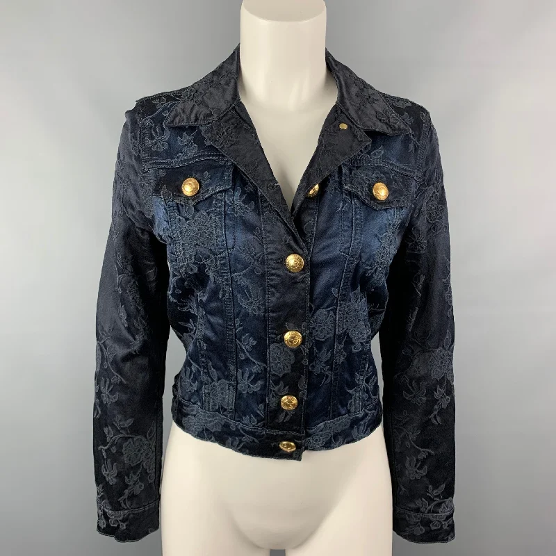 Best Deals LOVE MOSCHINO Size 6 Black & Midnight Blue Satin Cotton / Viscose Embroidered Jacket