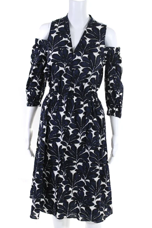 Flash Deals Donna Karan New York Womens Cold Shoulder V Neck Floral Dress Blue White