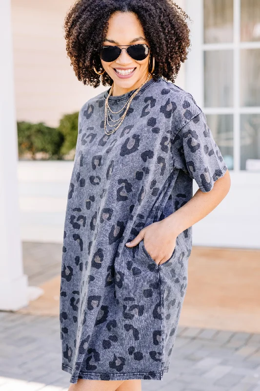 Final Clearance Between Glances Ash Gray Leopard T-shirt Dress