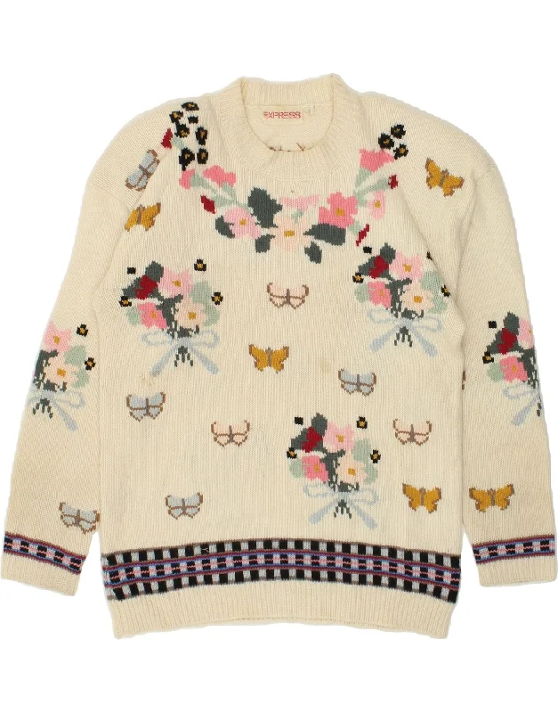 Act Now EXPRESS Womens Crew Neck Jumper Sweater UK 12 Medium Beige Floral Acrylic