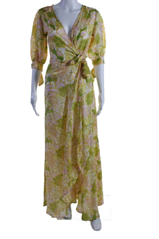 Deal Mania Hannah Women's V-Neck Long Sleeves Wrap Multicolor Silk Maxi Dress