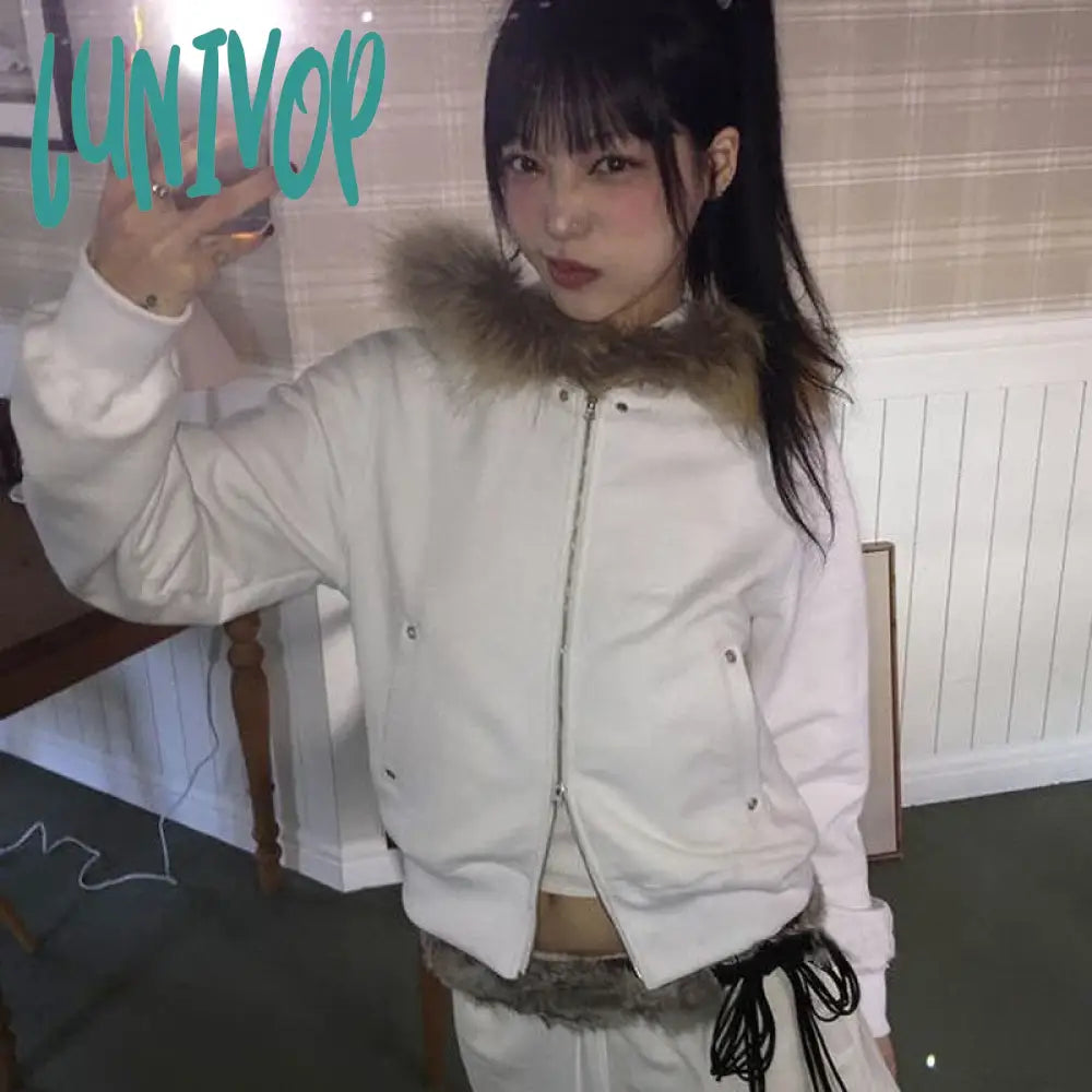 New Deals Lunivop Fairy Fur Patchwork Fashion Sweatshirts Vintage Grunge All Match Women's Coats Double Zippers Casual Hoodies Y2k Aesthetic Femme
