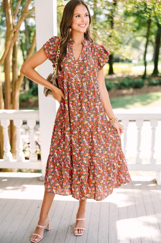Exclusive Online Offer It's Another Day Brick Red Ditsy Floral Midi Dress