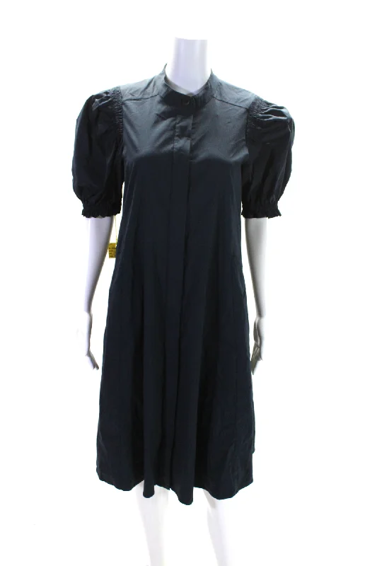 Extra Savings Foil Womens Back In Business Puff Sleeve Midi Shirt Dress Navy Blue