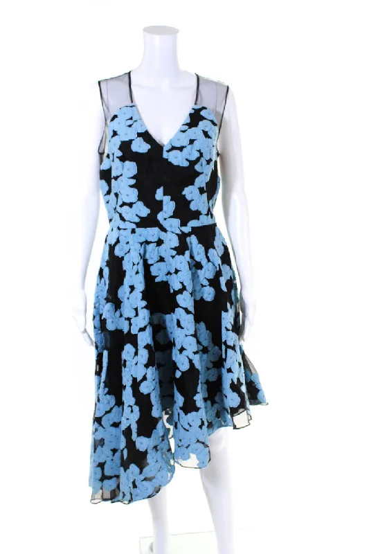 Price Rollback Lela Rose Womens Floral Sheer Paneled A Line V Neck Dress Blue Black