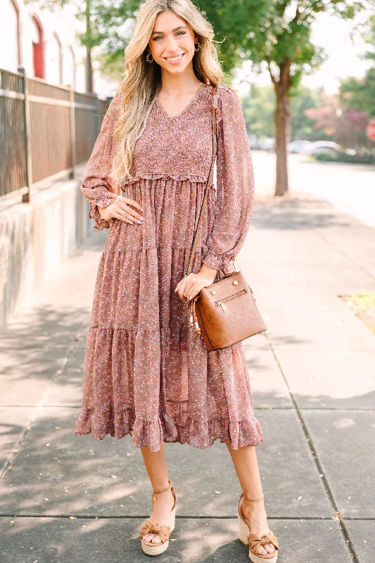 Exclusive Offers Out In The World Rust Red Ditsy Floral Midi Dress