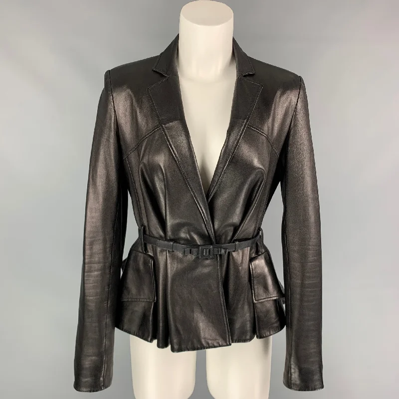 Big Discounts CHRISTIAN DIOR Size 6 Black Leather Belted Flare Jacket