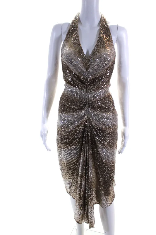 Can't Be Beat Belle Badgley Mischka Womens Sequin One Shoulder Sheath Dress Gown Gold
