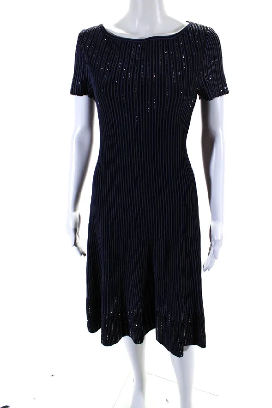 Deal Dash St. John Womens Striped Jeweled A Line Sweater Dress Black Blue