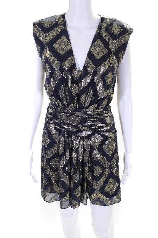 Low Prices Ramy Brook Womens Reina Metallic Jacquard Mini Sheath Dress Navy Gold