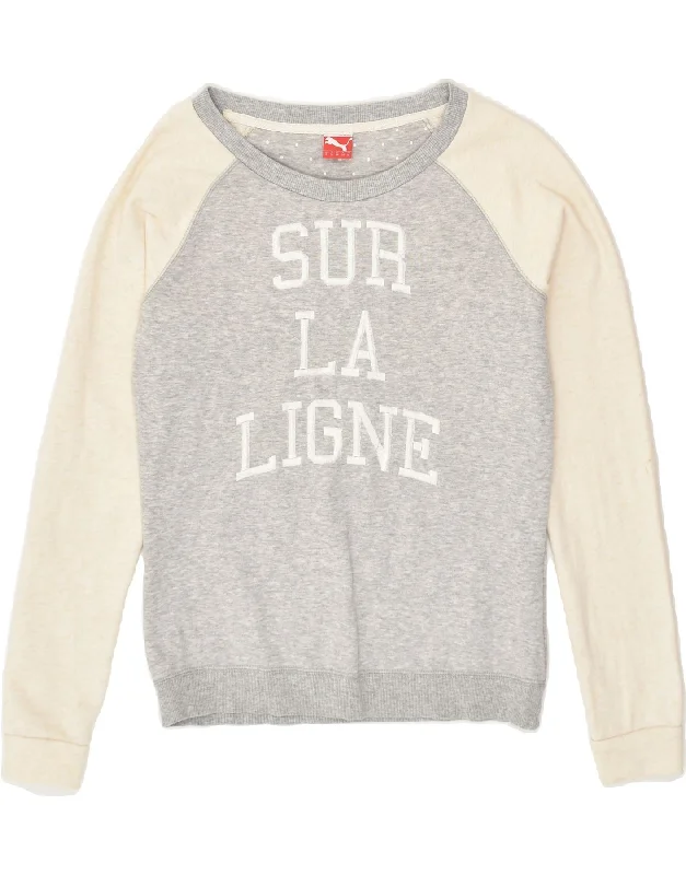 Discount Mania PUMA Womens Graphic Sweatshirt Jumper UK 10 Small   Grey Colourblock