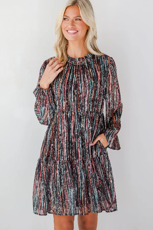 Referral Discount Beautifully Poised Black Striped Tiered Mini Dress
