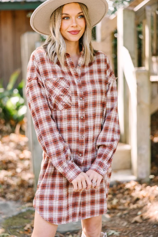 Price Break Feeling Your Very Best Mocha Brown Plaid Shirt Dress