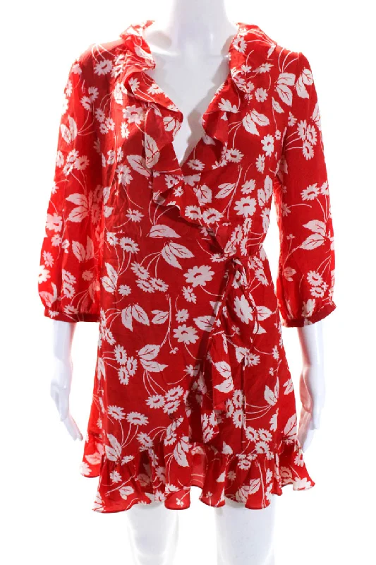 Massive Deals Rixo Womens Silk Floral Print Long Sleeve Ruffle Trim Wrap Dress Red