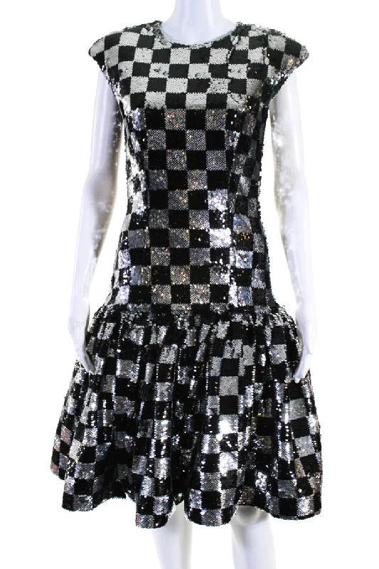 Last Chance Rodarte Womens Sequined Check Drop Waist Dress Black Silver