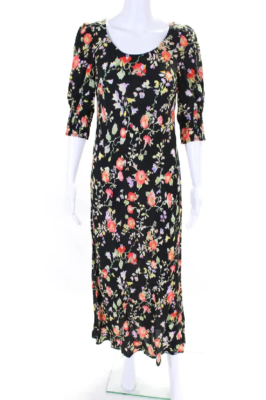Price Slash Rixo Womens Black Floral Print Scoop Neck Short Sleeve A-Line Dress