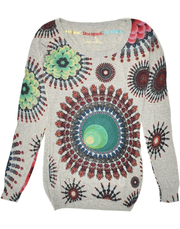 Epic Deals DESIGUAL Womens Graphic Boat Neck Jumper Sweater UK 10 Small Grey