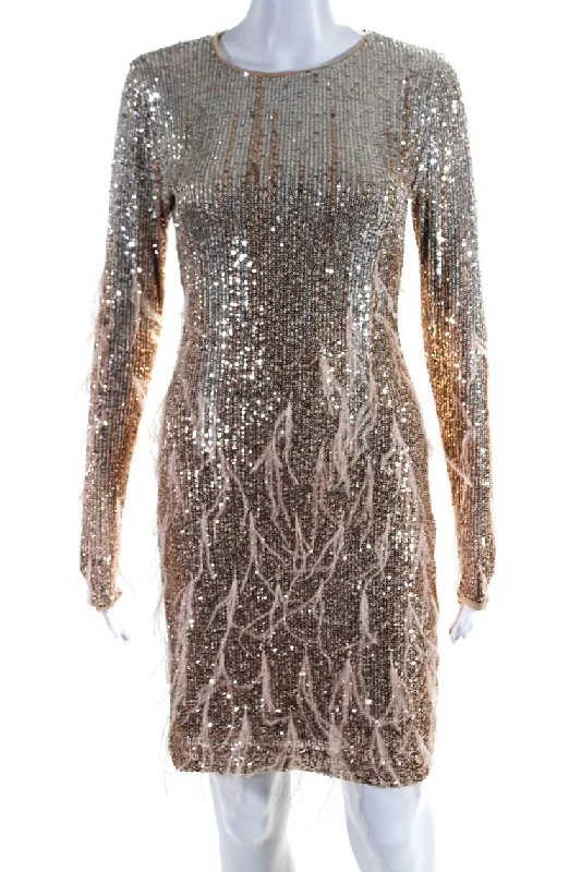 Special Price Le Superbe Womens Long Sleeve Feather Mini Sequin Dress Silver Copper Special Price Le Superbe Womens Long Sleeve Feather Mini Sequin Dress Silver Copper