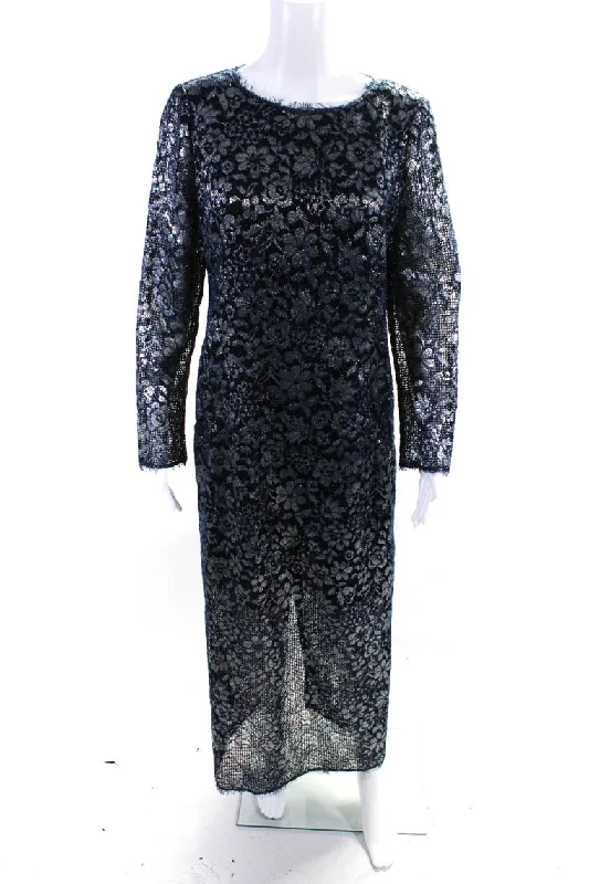 Great Bargains Chanel Womens Blue Silver Floral Lace Crew Neck Long Sleeve Gown Dress Great Bargains Chanel Womens Blue Silver Floral Lace Crew Neck Long Sleeve Gown Dress