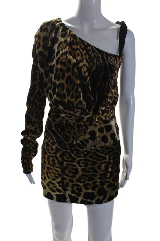 Midnight Madness Saint Laurent Womens Brown Printed Long Sleeve One Shoulder Mini Dress Midnight Madness Saint Laurent Womens Brown Printed Long Sleeve One Shoulder Mini Dress