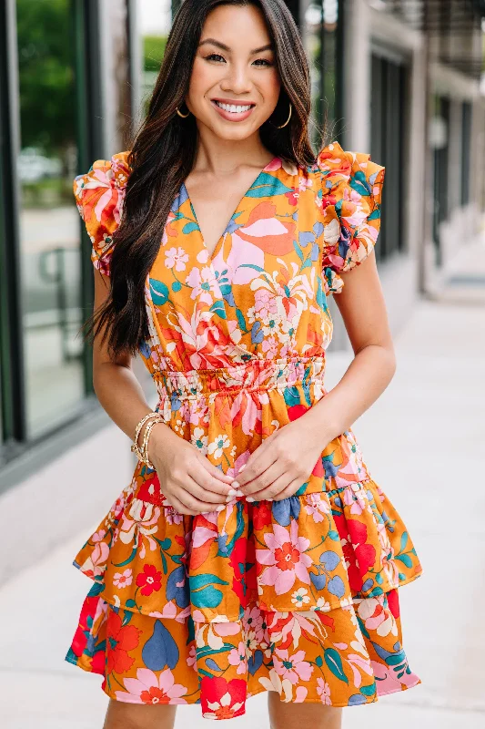 Major Savings Feeling The Love Camel Yellow Floral Dress
