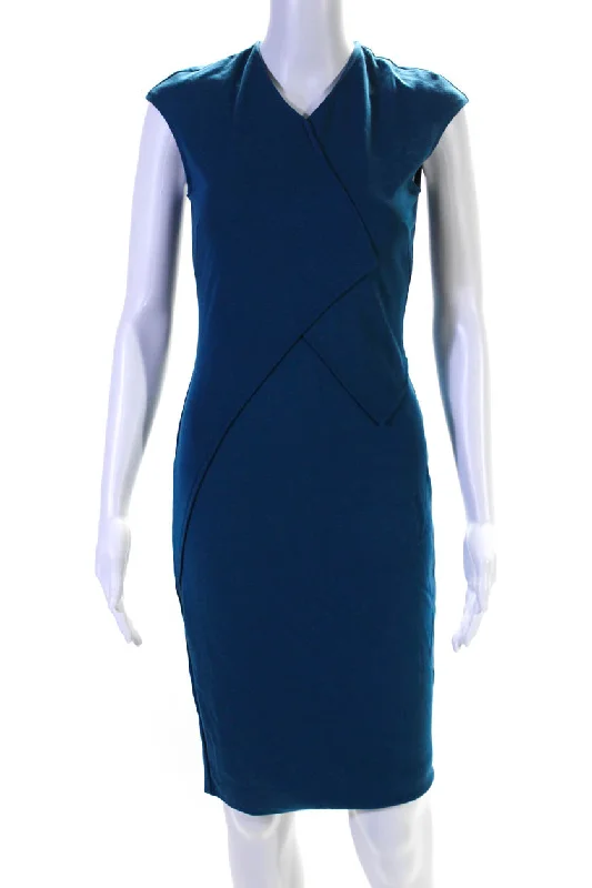Best Bargains Victoria Victoria Beckham Womens Cap Sleeve V Neck Sheath Dress Blue