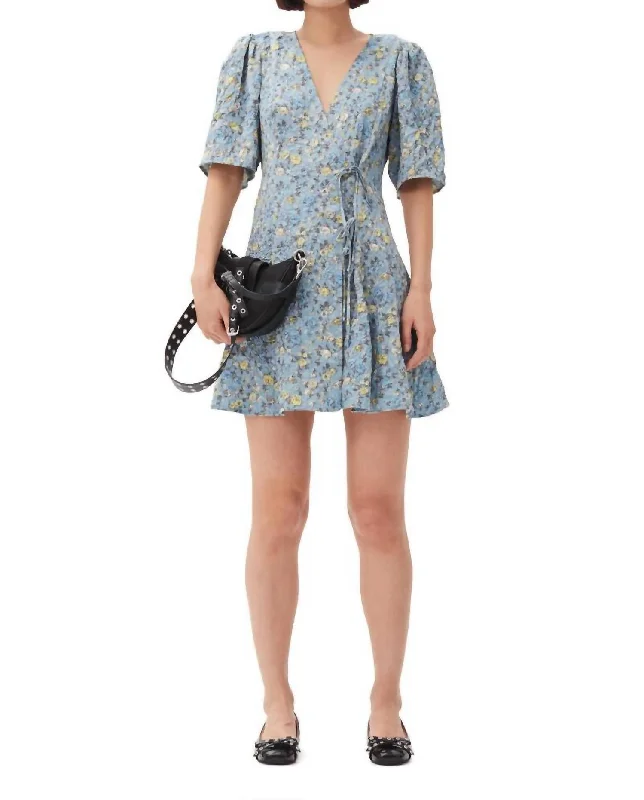 Hurry In Crinkled Satin Mini Wrap Dress In Blue