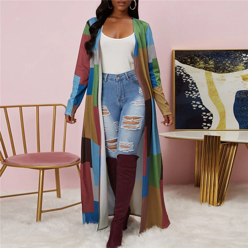 Best Bargains Women Fashion Contrast Color Plaid Print Long Sleeve Cardigan Coat