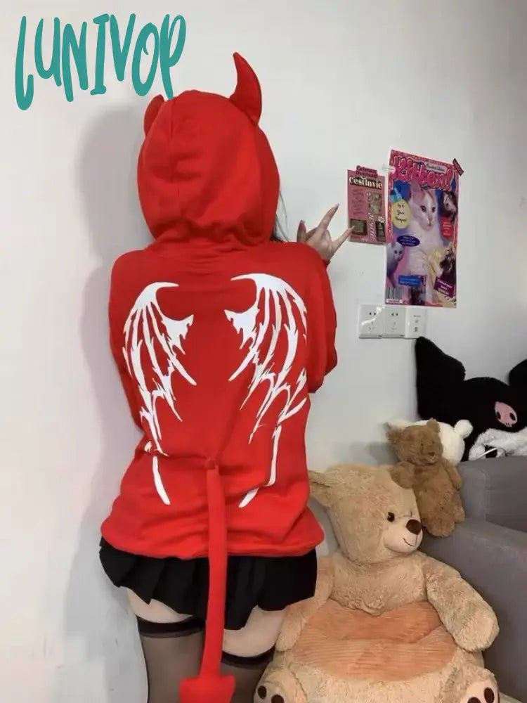 Hurry In Lunivop Japanese Zip Up Devil Horns Hoodies Women Harajuku Punk Gothic Sweatshirt Fairy Grunge Jacket Coat Streetwear Alt Emo Clothes
