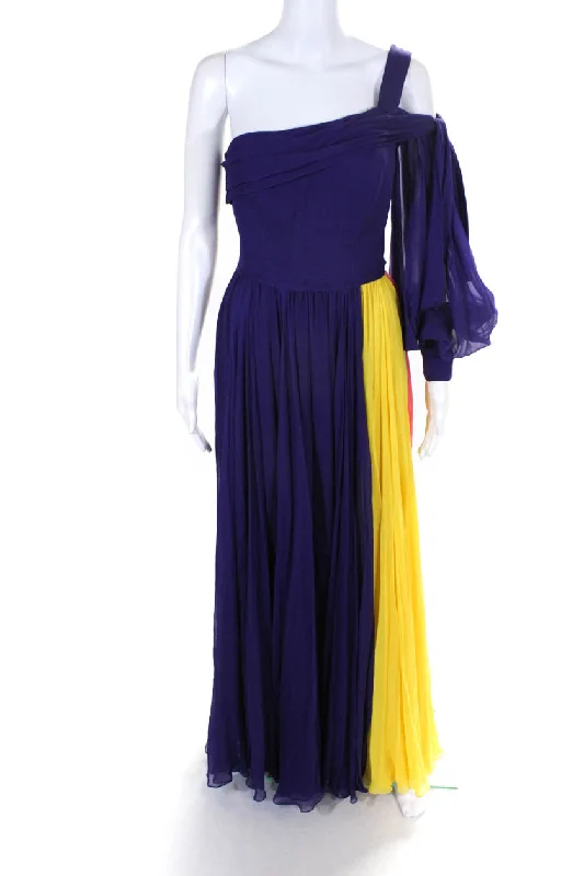 Today's Special Carolina Herrera Womens One Shoulder Color Block Gown Pink Purple Yellow Today's Special Carolina Herrera Womens One Shoulder Color Block Gown Pink Purple Yellow