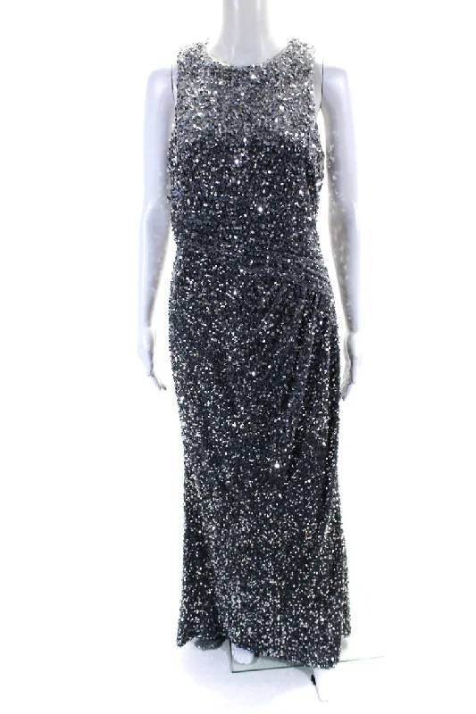 Weekend Special Badgley Mischka Womens Crew Neck Sleeveless Sequin Dress Gown Silver