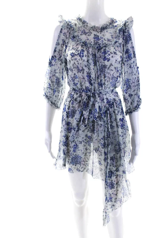 Act Fast Alice McCall Womens Floral Print Belted Cold Shoulder Ruffled Dress Blue